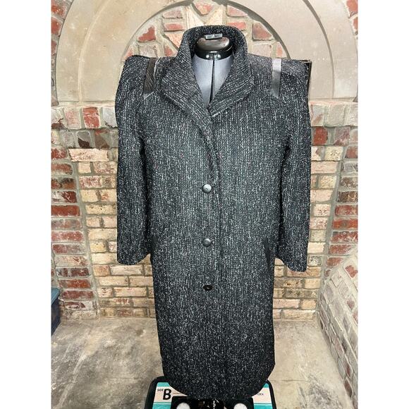 Coat wool charcoal teal pink blue high neck leather trim - Picture 8 of 14